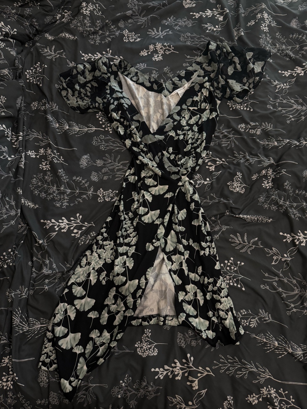 Diane Von Furstenberg Black Skater Skirt with Mint Leaf Print